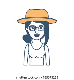 woman half body with hat and glasses and t-shirt sleeveless with collected hair and fringe in color sections silhouette