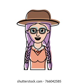 woman half body with hat and glasses and blouse with braided hair in watercolor silhouette
