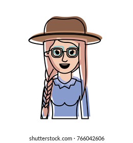 woman half body with hat and glasses and blouse long sleeve with braid and fringe hairstyle in watercolor silhouette