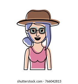 woman half body with hat and glasses and t-shirt sleeveless with collected hair and fringe in watercolor silhouette