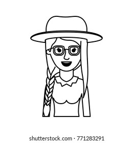 woman half body with hat and glasses and blouse long sleeve with braid and fringe hairstyle in monochrome silhouette