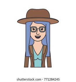 woman half body with hat and glasses and blouse with jacket and layered hair in colorful silhouette