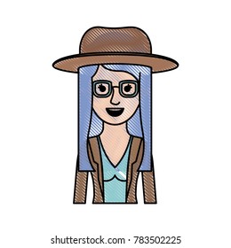 woman half body with hat and glasses and blouse with jacket and layered hair in colored crayon silhouette