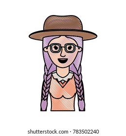 woman half body with hat and glasses and blouse with braided hair in colored crayon silhouette