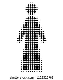 Woman halftone dotted icon. Halftone array contains round pixels. Vector illustration of woman icon on a white background.