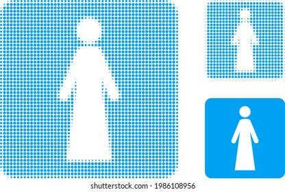 Woman halftone dotted icon. Halftone array contains round points. Vector illustration of woman icon on a white background.