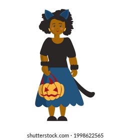 Woman in Halloweeen cat costume with a pumpkin Cartoon illustration