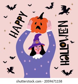 A woman in Halloween costume is holding carved pumpkin. Decorated with lettering. Flat character. Holiday mood.