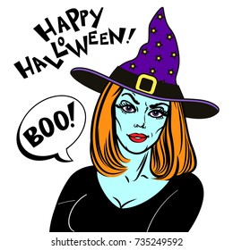 Woman in halloween costume and witch hat. Witch and text Happy Halloween. Halloween Party design template. Vector illustration