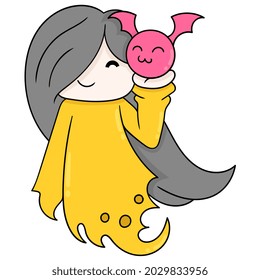 woman in halloween ghost dress carrying cute bat, vector illustration art. doodle icon image kawaii.