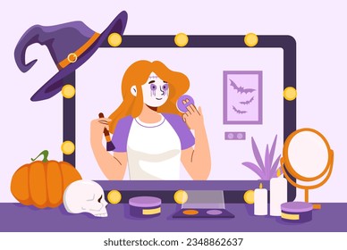 Woman with Halloween make up. Young girl with costume. International holiday of fear and horror. Zombie and witch image. Character with masquerade. Cartoon flat vector illustration