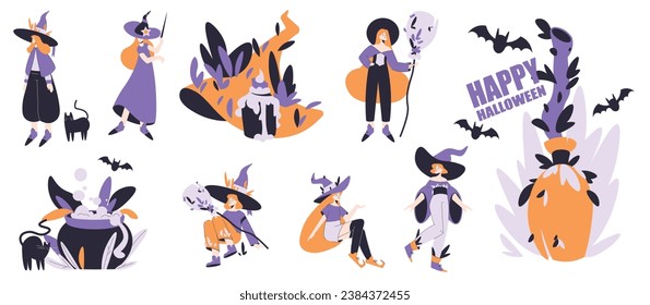 Woman at Halloween in Witch Costume Enjoy Night Party Vector Set