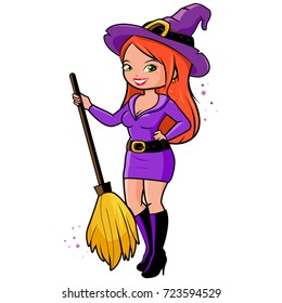 Woman in Halloween witch costume with witch hat and magic broom. Vector illustration