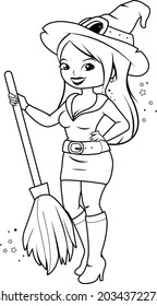 Woman in a Halloween witch costume. Vector black and white coloring page.