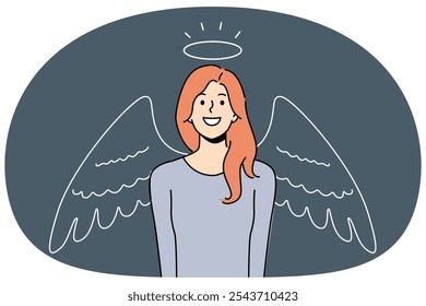 Woman with halo and angel wings smiles, calling to be kind and merciful towards others. Girl angel wants to become volunteer charitable organization that helps those in need in solving social problems