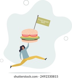 Woman with hamburger in her hands.Vegan and healthy lifestyle.fitness and weight loss, proper nutrition.flat design.illustration with people.