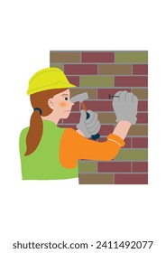woman hammering nails in brick wall using construction safety uniform
