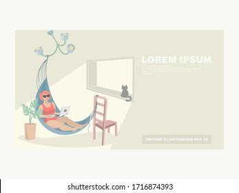 A woman in a hammock with a laptop is resting and working in an apartment. Vacation at home. The concept of work at home, home rest, quarantine, online training. Vector illustration with copy space.