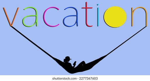 A woman in a hammock that hangs under the word vacation is seen at sunset. This is a 3-D illustration.