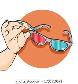 Woman hand with 3D eyeglasses, blue and red glasses, hand drawn cartoon illustration with place for text