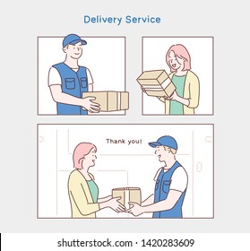 Woman hand accepting a delivery of boxes from deliveryman. Hand drawn style vector design illustrations.