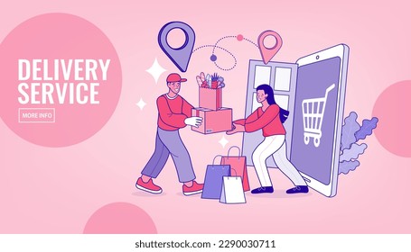 Woman hand accepting a delivery of boxes from deliveryman. Online delivery service concept. Ecommerce concept. marketing and e-commerce. Vector illustration.