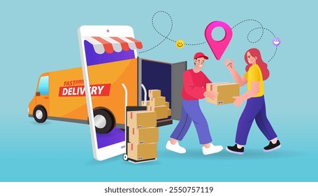 Mano de la mujer que acepta una entrega de cajas del repartidor. Concepto de servicio de entrega en línea. Concepto de comercio electrónico. marketing y comercio electrónico. Hombre de pie junto a la camioneta de reparto. Ilustración vectorial.