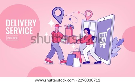 Woman hand accepting a delivery of boxes from deliveryman. Online delivery service concept. Ecommerce concept. marketing and e-commerce. Vector illustration.