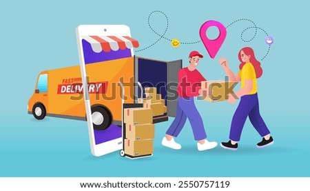 Woman hand accepting a delivery of boxes from deliveryman. Online delivery service concept. E-commerce concept. marketing and e-commerce. Man standing next to delivery van. Vector illustration.