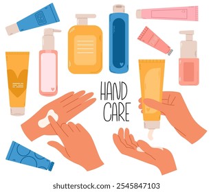 Woman hand apply cream from cosmetics bottle and squeezing cream with fingers. Beauty bottles