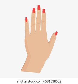 Woman Hand Back Side. Female Hand With Red Nails. Isolated On White Background. Flat Vector Stock Illustration