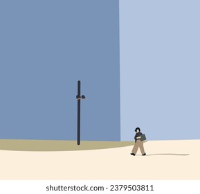 Woman with hand bag walking on city street near modern building. Horizontal cityscape. Scene with citizens walking at sidewalks in town.