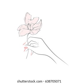 Woman hand with beautiful light pink manicure holding a flower.Nails art vector icon.