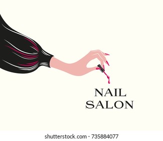 Woman hand with beautiful manicure and blouse, holding a nail polish brush with red paint drip.Nails design salon vector illustration.