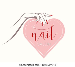 Woman hand with beautiful manicure and red nail polish, presenting a heart shape banner.Nail salon vector illustration.