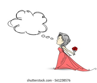 Woman hand behind back preparing surprise gift for valentines day with thinking bubble, Hand Drawn Vector Background.