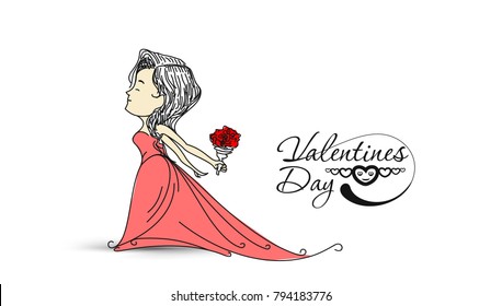 Woman hand behind back preparing surprise gift for valentines day, Hand Drawn Vector Background.