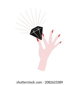 Woman hand with big sparkling diamond vector clipart isolated on white. Classy red manicure glamorous fashion design element. Brilliant Feminine Red Pink Black aesthetic illustration.