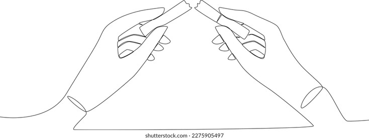 A woman hand breaks her husband's cigarette to break his habit. No tobacco day one line drawing