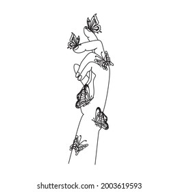 Woman hand with butterfly. Line art female hands with butterflies. Abstract hand with butterfly by one line vector drawing. Portrait minimalistic style. Botanical print. Nature symbol of cosmetics. 