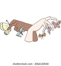 Woman hand with butterfly logo. Woman's hand with a butterfly sitting on her finger.