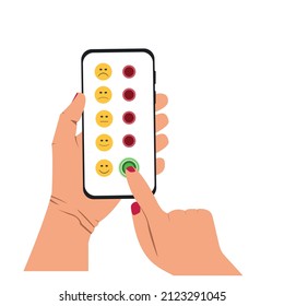 woman hand choosing happy expression.
customer satisfaction concept.Customer service evaluation and satisfaction survey.happy face received five stars.