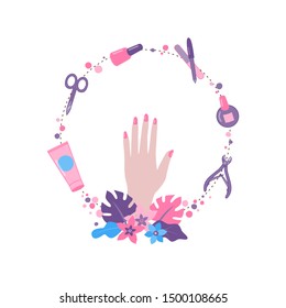 Woman hand in the circle of manicure tools and cosmetics. Vector flat illustration. Good design for banners, spa, beauty salons