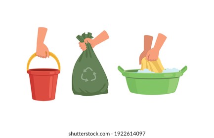 Woman Hand with Cleaning Tools Set, Hand Holding Bucket, Garbage Bag and Washing in Basin, Housework Supplies, Housekeeping Concept Cartoon Style Vector Illustration