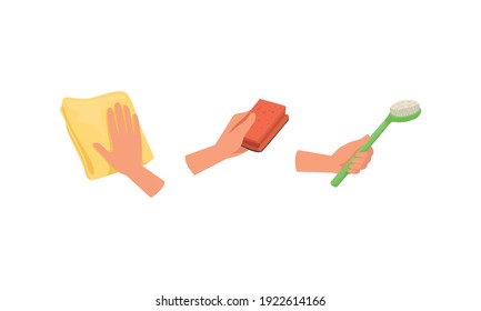 Woman Hand with Cleaning Tools Set, Hand Holding Rag, Brush, Sponge, Housework Supplies, Housekeeping Concept Cartoon Style Vector Illustration