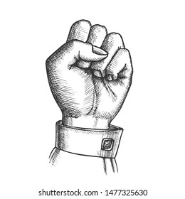 Woman Hand Clenched Finger In Fist Gesture Vector. Female Arm Gesture Showing Sign Power Or Disagree. Girl Wrist Gesturing Signal Monochrome Designed In Vintage Style Closeup Illustration