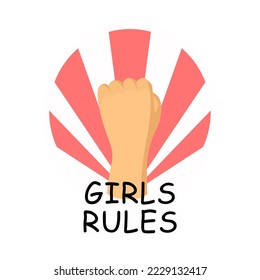 Woman hand clenched into a fist calling to fight for rights. Cartoon badge for female support and solidarity isolated vector illustration