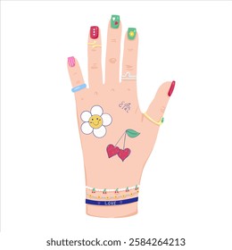 Woman hand with colorful manicure, rings, beaded bracelets and funny transfer tattoo. Cute 00s 90s retro style trendy accessories. Cartoon, flat design, vector illustration.