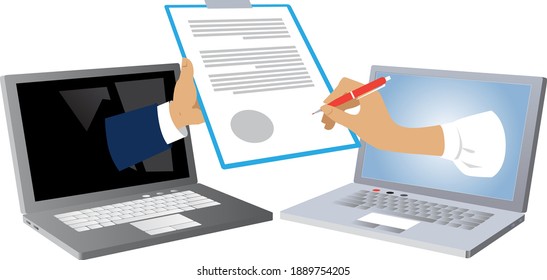 Woman hand coming out of a laptop screen and signing a document that is presented from another computer as a metaphor for electronic signature, EPS 8 vector illustration