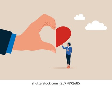 Woman and hand connect and make heart shape by fingers and paper. Showing like gesture. Flat vector illustration